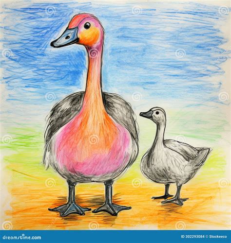 Realistic Cartoon Drawing of a Duck and Geese in Pink and Orange Colors ...