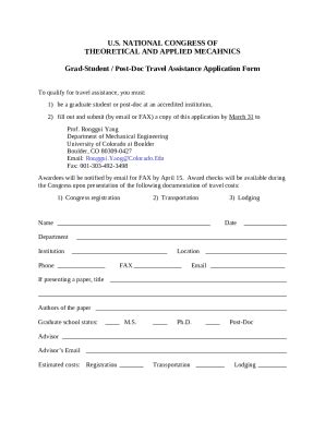 Graduate Student Post Doc Travel Assistance Application Doc Template