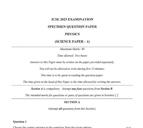 Icse Physics Specimen Paper With Solutions Answer Key