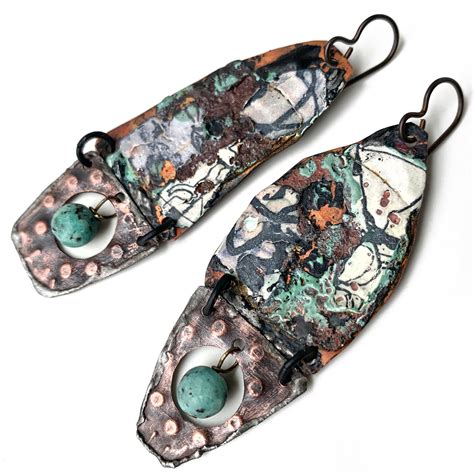 Asymmetrical Rustic Industrial Artisan Earrings Modern Copper Enamel