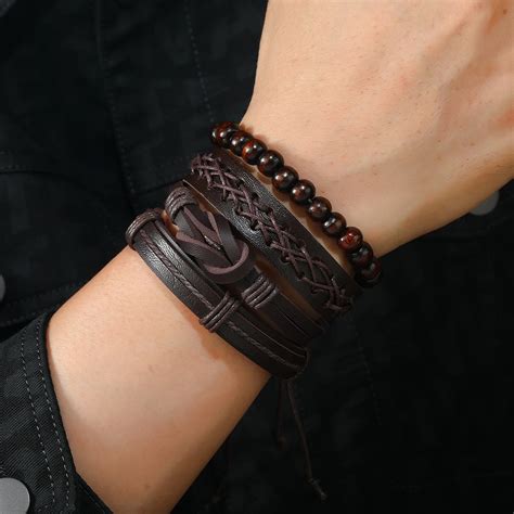 Vintage Leather Bracelet Men Multiple Woven Bracelets With Brown Wood