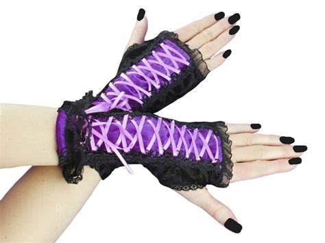 Black Purple Fingerless Goth Mittens Thumb Holes Formal Gothic Gloves