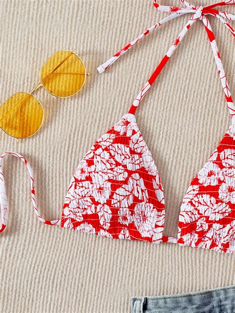 Floral Smocked Triangle Bikini Top Shein Usa