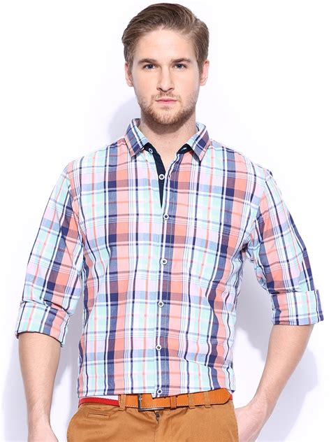 Buy Mast And Harbour Men Green And Coral Orange Checked Slim Fit Casual Shirt Shirts For Men