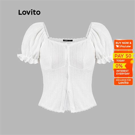 Lovito Casual Plain Button Front Lace Puff Sleeves Sweetheart Neckline