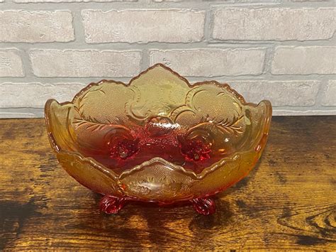 Vintage Yellow And Red Orange Amberina Jeannette Lombardi Footed Bowl Bowl Footed Bowl