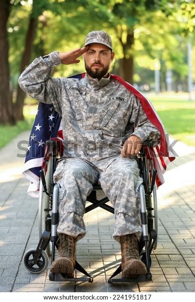 Young Soldier Wheelchair Usa Flag Saluting Stock Photo 2241951817