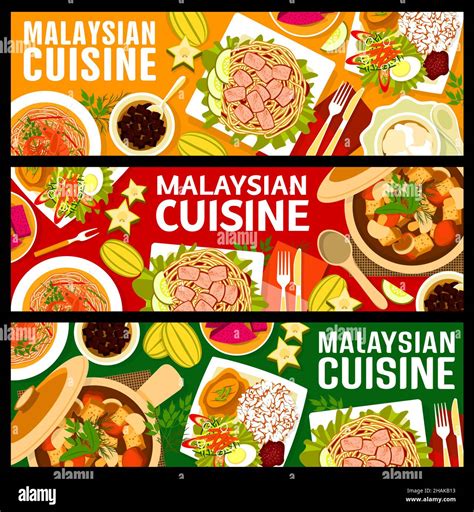 Malaysian Cuisine Food Banners Asian Rice And Malay Curry Dishes