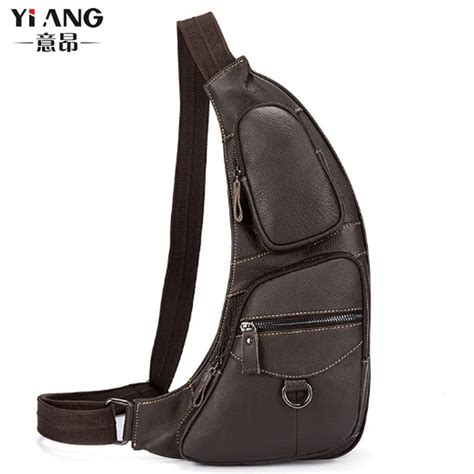 High Quality Men Genuine Leather Cowhide Unbalance Sling Chest Back