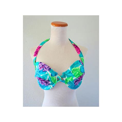 Vintage Floral Bikini Top 90s Y2K Era Neon Flower Print Halter