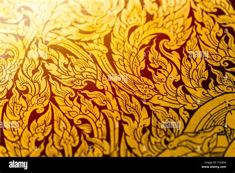 Thai Magnificent Antique Art Pattern Gold Color Paint On Wooden Texture