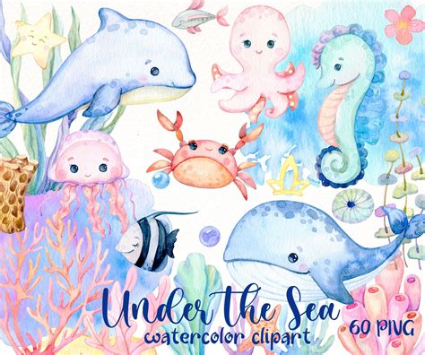 Under The Sea Watercolor Clipart Okean Png Nautical Clip Art Octopus