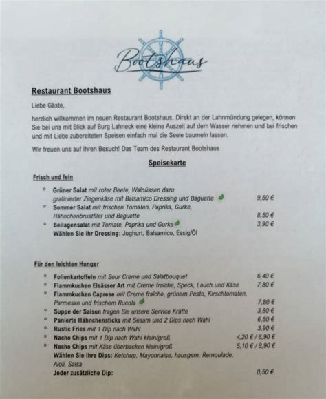 Speisekarte Von Restaurant Bootshaus Lahnstein Lahnstein