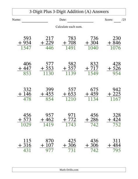 3 Digit Plus 3 Digit Addition With Some Regrouping 25 Questions A