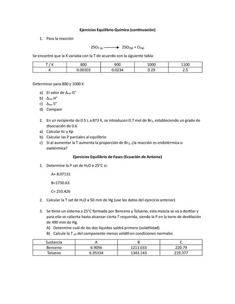 Ejercicios Equilibrio Químico Y De Fases Ejercicios Equilibrio