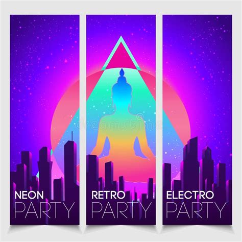 Retro Futurism Banner Set Vector Futuristic Synth Wave Illustration