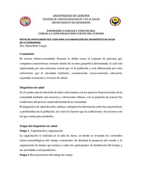 Guia Elaboracion Del Dx De Salud De La Comunidad EnfermerÍa Familiar Y Comunitaria Unidad La