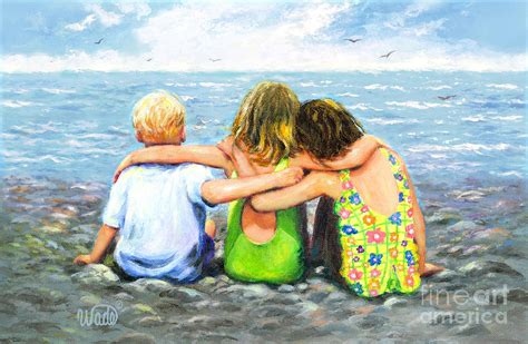 Three Beach Children Hugging Painting By Vickie Wade Pixels