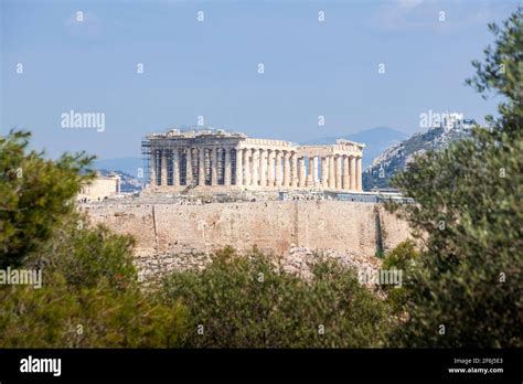 Parthenon view from Filopappou Hill. There can be seen the Parthenon temple, of 5th century BC ...