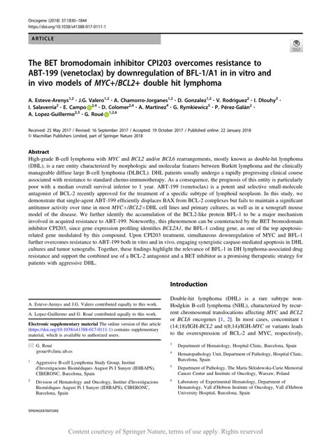 The BET Bromodomain Inhibitor CPI203 Overcomes Resistance To ABT 199