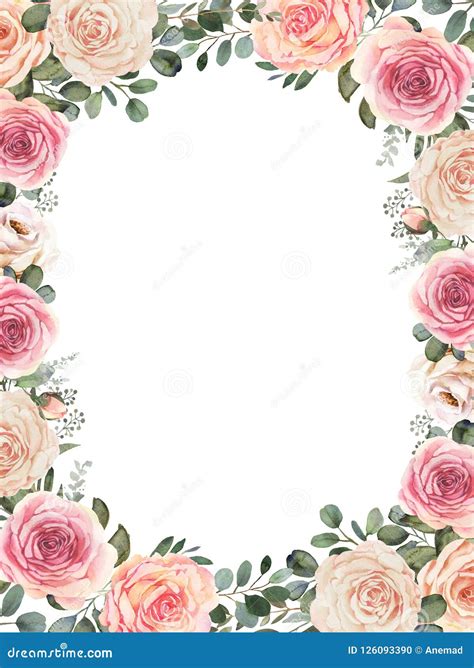 Watercolor Floral Wreath With Roses And Eucalyptus Stock Illustration