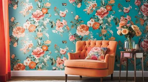 Premium AI Image | A living room with a floral wallpaper.