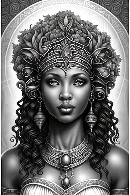 Premium Ai Image Coloring Page For Adults African Goddess Greyscale