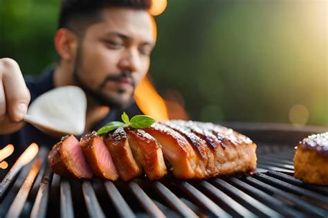 Premium Ai Image Man Grilling Meat On A Grill With A Man Looking At