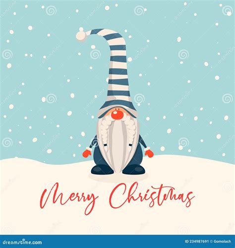 Merry Christmas Postcard Vector Christmas Cute Gnome With Caps In Flat