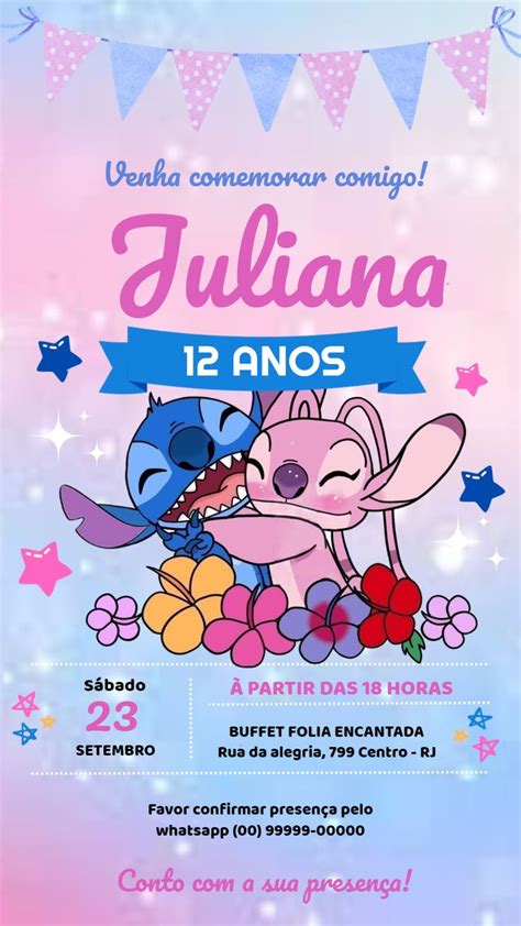 Grátis Fazer convite online convite digital Aniversário Stitch rosa