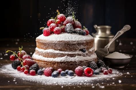 Premium Photo Rustic Naked Cake Topped With Berries And Powdered Sugar