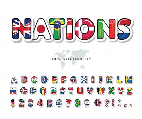 World Flags Cartoon Font Paper Cutout Glossy Abc Letters And Numbers Bright Alphabet For