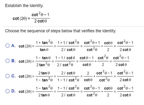 Solved Establish The Identity Cot 0 1 2 Cot θ Cot 20