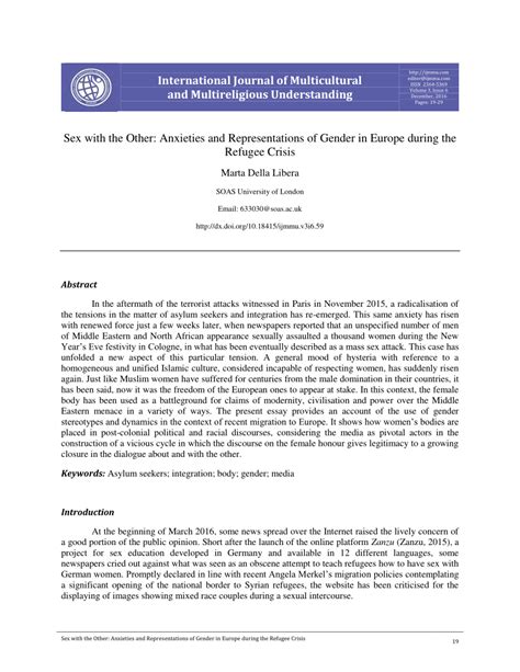 Pdf Sex With The Other Anxieties And Representations Of Gender In Europe During The Refugee