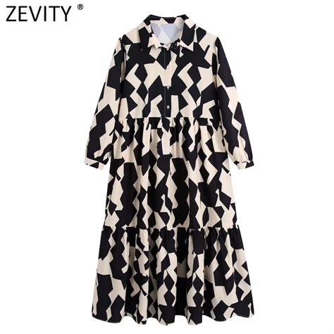 Zevity Vestido Midi De Impress O Geom Trica Feminina Vintage Cor De