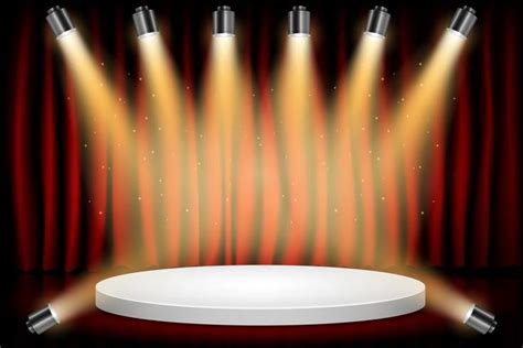 White Round Winner Podium On Red Curtain Theater Scene Stage Background