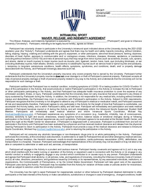 Fillable Online Www1 Villanova SPORTS WAIVER RELEASE OF LIABILITY