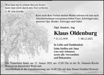 Traueranzeigen Von Klaus Oldenburg Trauer Nordkurier