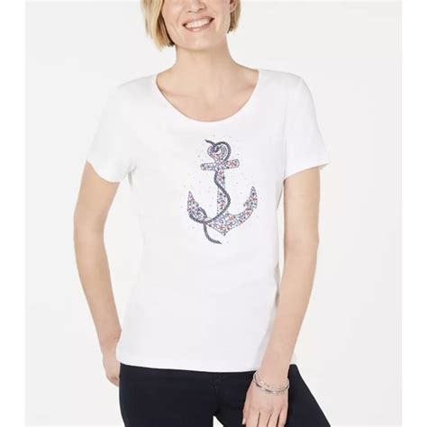 Karen Scott Tops Karen Scott White Floral Embellished Anchor