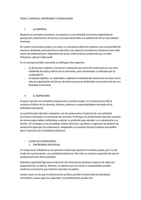 Tema 2 Apuntes Tema 2 Derecho De La Empresa Tema 2 Empresa Empresario Y Consumidor I La