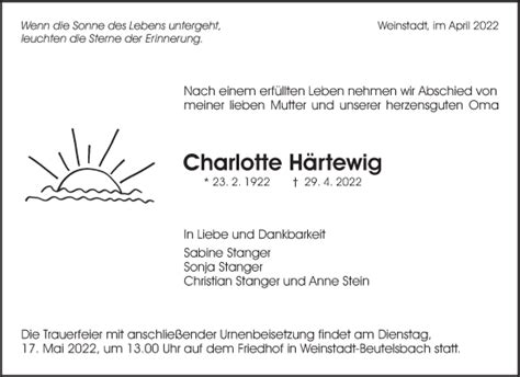 Traueranzeigen Von Charlotte H Rtewig Zvw Trauer