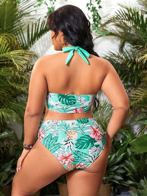 Shein Swim Curve Plus Size Tropical Print Halterneck Bikini Set Shein Usa