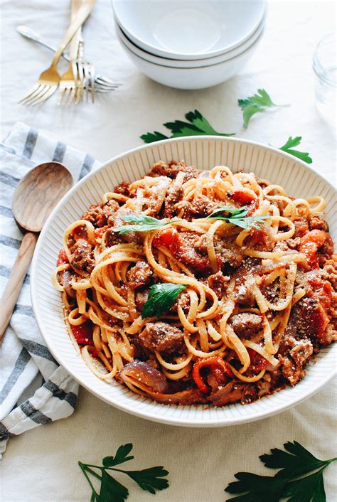 Linguine With Roasted Red Peppers Italian Sausage And Onions Bev Cooks