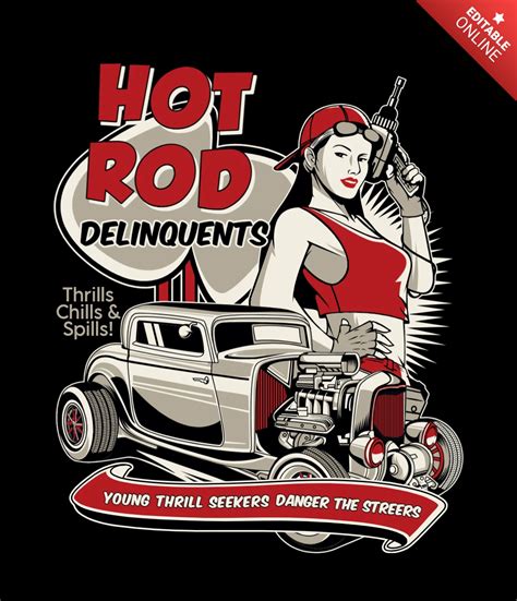 Hot rod con chica plantilla de diseño de camiseta Modelo de diseño gratuita