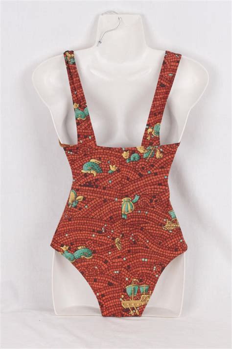 Hermes Vintage Brown Mosaic Print One Piece Swimsuit Size 38 For Sale