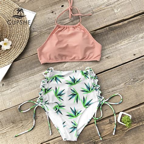 Cupshe Pink Solid And Leaf Print Halter Bikini Sets Women High Waisted