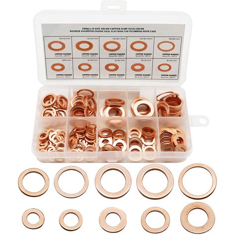 200 Pcs Solid Copper Washers Sump Plug Seal Set Assorted Kit With Box 9