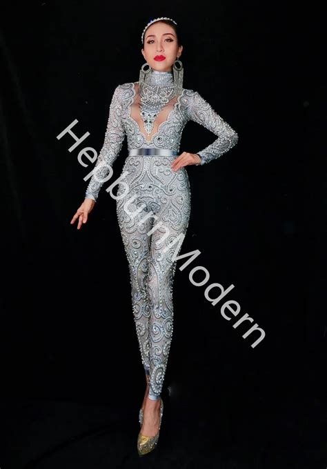 New Sparkly Crystals Jumpsuit Women Sexy Nude Leggings Bodysuit Costume Dance Dj Show Stage Wear