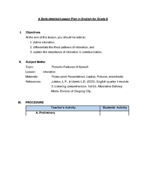 Grade 8 English Detailed Lesson Plan