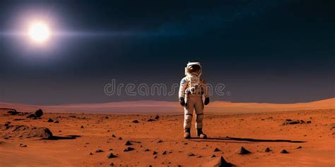 First Man On Mars Astronaut In Space Suit Landed On Mars In Desert Siting On Mars Red Planet